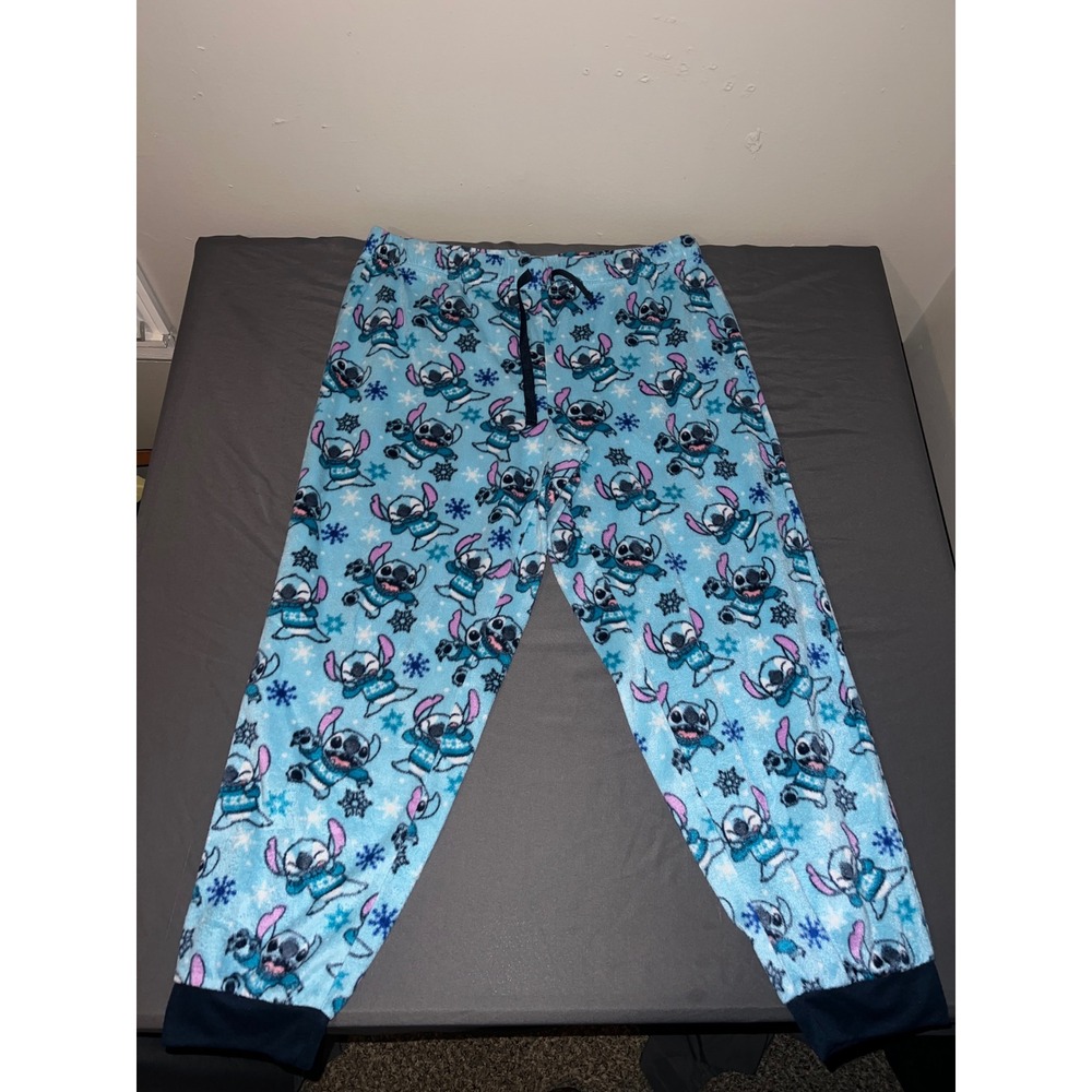 Disney Pajama Pants Women XL Blue Excellent Stitch Snowflake Fleece Joggers